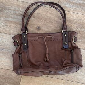 Chestnut Brown Leather Shoulder Bag with Drawstring Accent